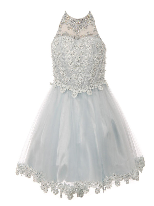 Big Girls Blue Halter Neck Rhinestone Sequin Junior Bridesmaid Dress 8-16 - SophiasStyle.com